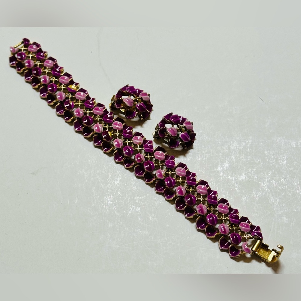 Vintage two-tone pink and purple enamel bracelet and earrings set